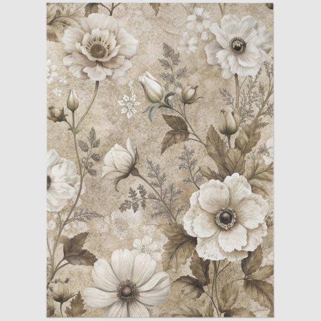 Elegant White Floral Grunge Decoupage Tissue Paper (Front)