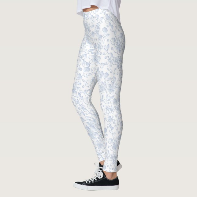 Elegant White Floral Hibiscus Daisies Pattern | Leggings (Left)