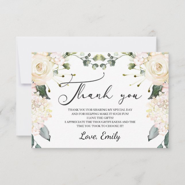 Elegant white floral hydrangea gold bridal shower thank you card (Front)