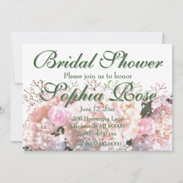 Elegant white floral hydrangeas bridal shower invitation (Front)