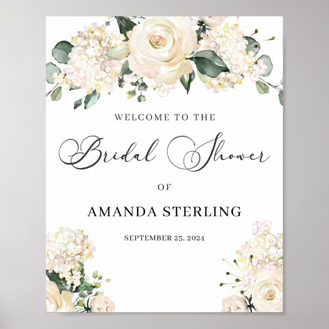 Elegant white floral hydrangeas gold bridal shower poster (Front)