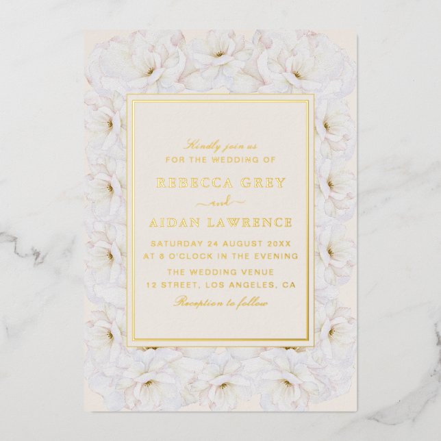 Elegant White Floral Ivory Gold Border Wedding (Front)
