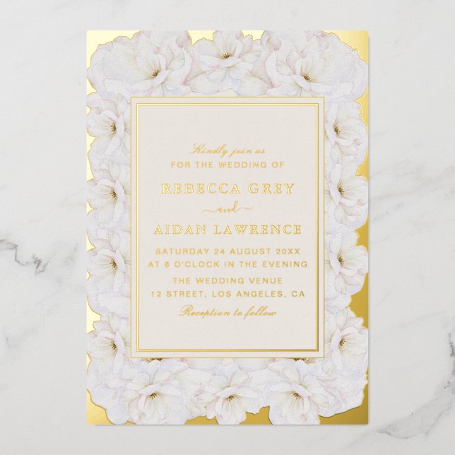 Elegant White Floral Ivory Gold Border Wedding (Front)