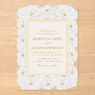 Elegant White Floral Ivory Gold Border Wedding Acrylic Invitations