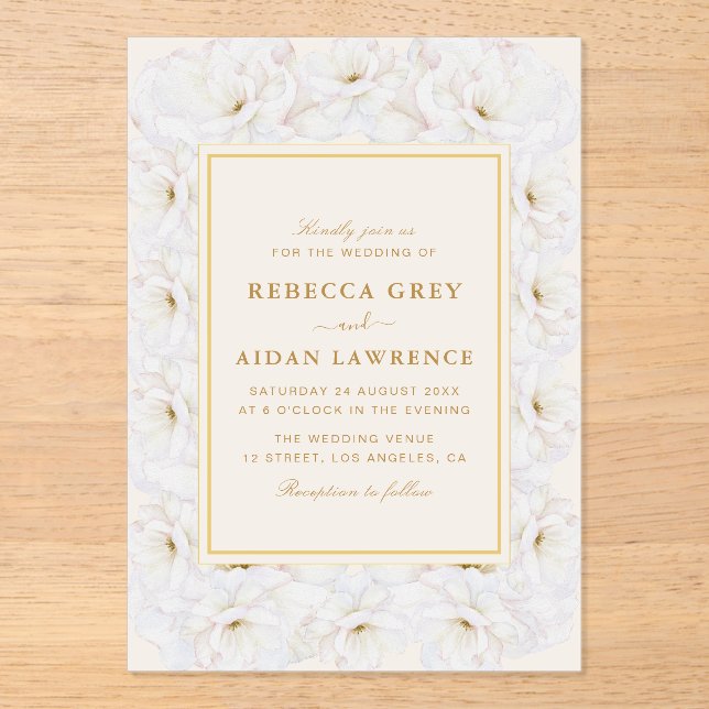 Elegant White Floral Ivory Gold Border Wedding Acrylic Invitations (Front)