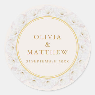 Elegant White Floral Ivory Gold Border Wedding Classic Round Sticker