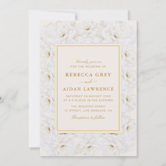 Elegant White Floral Ivory Gold Border Wedding Invitation