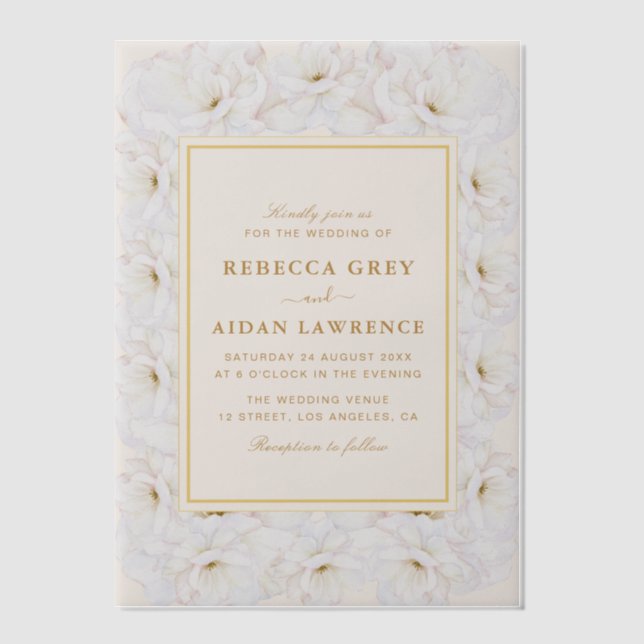 Elegant White Floral Ivory Gold Border Wedding Vellum Invitations (Front)