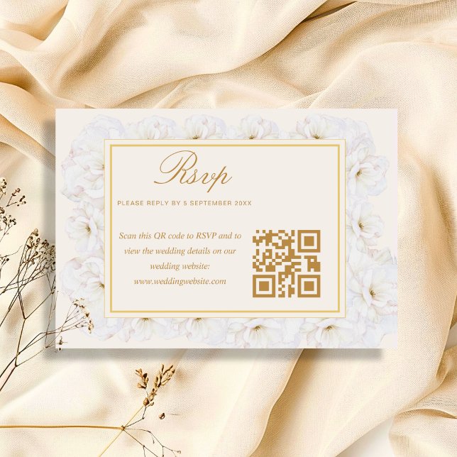 Elegant White Floral Ivory Gold QR RSVP Card (Creator Uploaded)