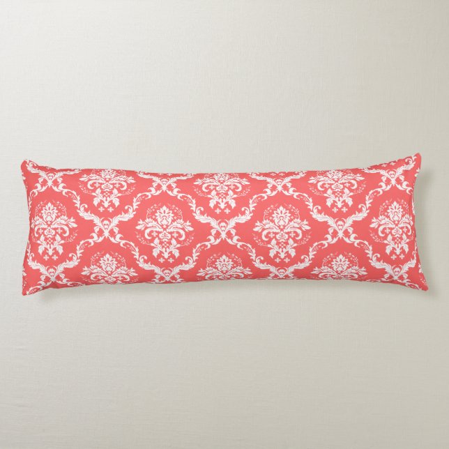 Elegant White Floral Lace Damask Over Coral-Red Body Cushion (Back)