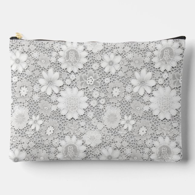 Elegant white floral lace pattern accessory pouch (Front)
