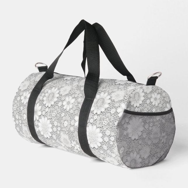 Elegant white floral lace pattern duffle bag (Right Corner)