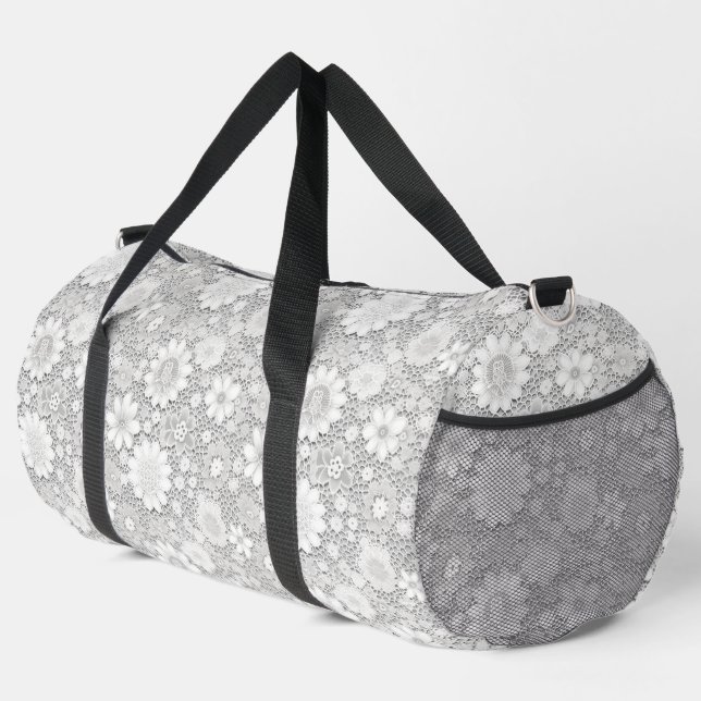 Elegant white floral lace pattern duffle bag (Right Corner)