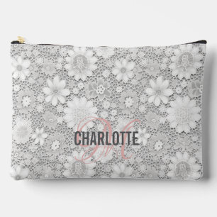 Elegant white floral lace pattern monogram name accessory pouch