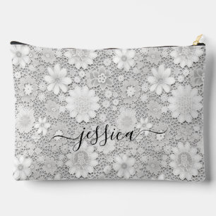 Elegant white floral lace pattern script name accessory pouch