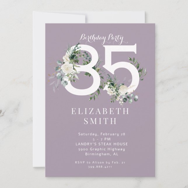 Elegant White Floral Lavender 85th Birthday Party  Invitation (Front)