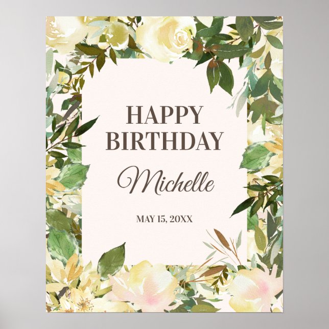 Elegant White Floral Leaves Happy Birthday Party Poster (Front)
