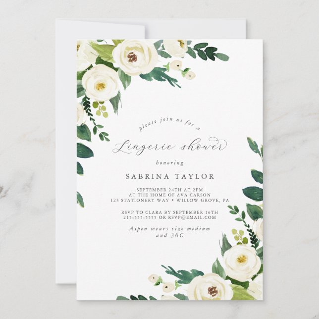 Elegant White Floral Lingerie Shower Invitation (Front)