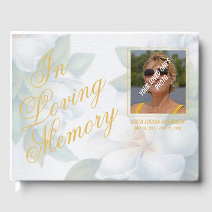 Elegant White Floral Loving Memory Script Photo Gu Guest Book