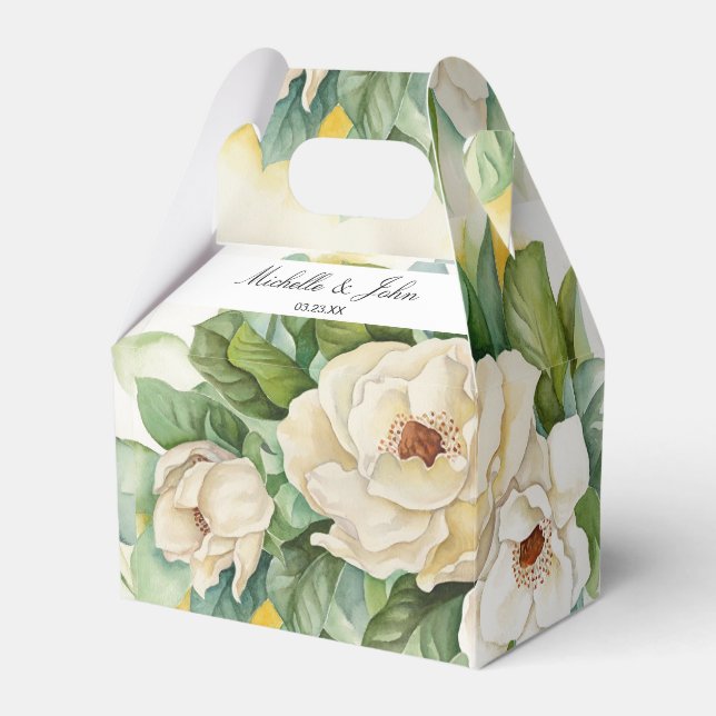 Elegant White Floral Magnolia Name Script Wedding Favour Box (Front Side)