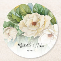Elegant White Floral Magnolia Names Script Wedding