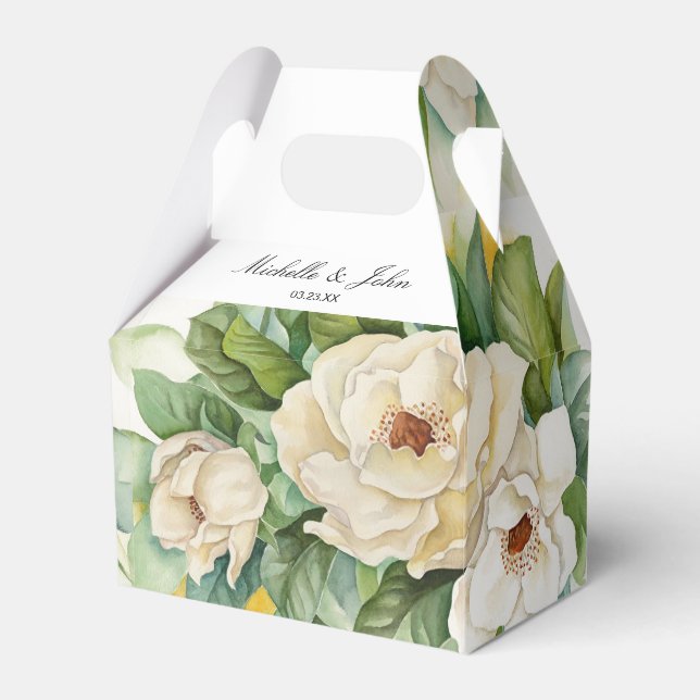 Elegant White Floral Magnolia Wedding Name Script Favour Box (Front Side)