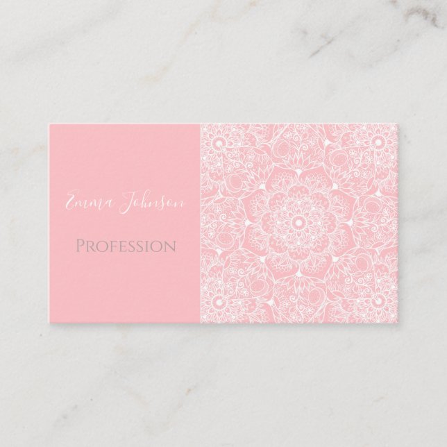 Elegant White Floral Mandala Pink Design Business Card (Front)