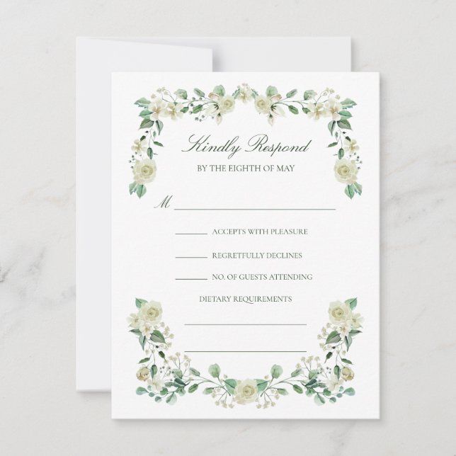 Elegant White Floral Meal Choice Wedding RSVP Card (Front)