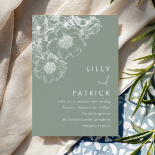 Elegant White Floral Modern Sage Green Wedding Invitation