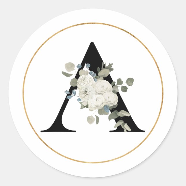 Elegant White Floral Monogram Letter A on White Classic Round Sticker (Front)