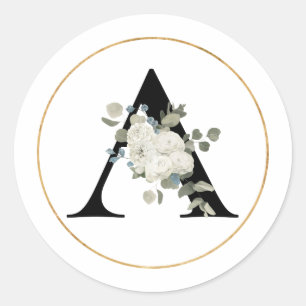 Elegant White Floral Monogram Letter A on White Classic Round Sticker