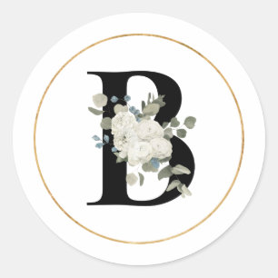 Elegant White Floral Monogram Letter B on White   Classic Round Sticker