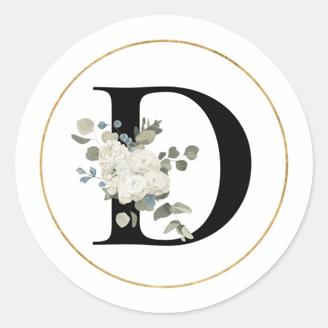 Elegant White Floral Monogram Letter D on White  Classic Round Sticker (Front)