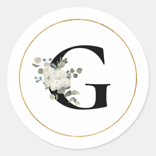 Elegant White Floral Monogram Letter G on White  Classic Round Sticker (Front)