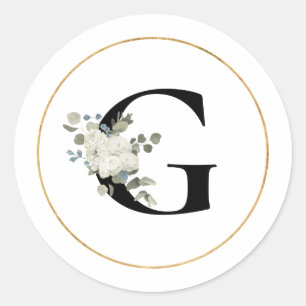 Elegant White Floral Monogram Letter G on White  Classic Round Sticker