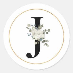Elegant White Floral Monogram Letter J on White Classic Round Sticker