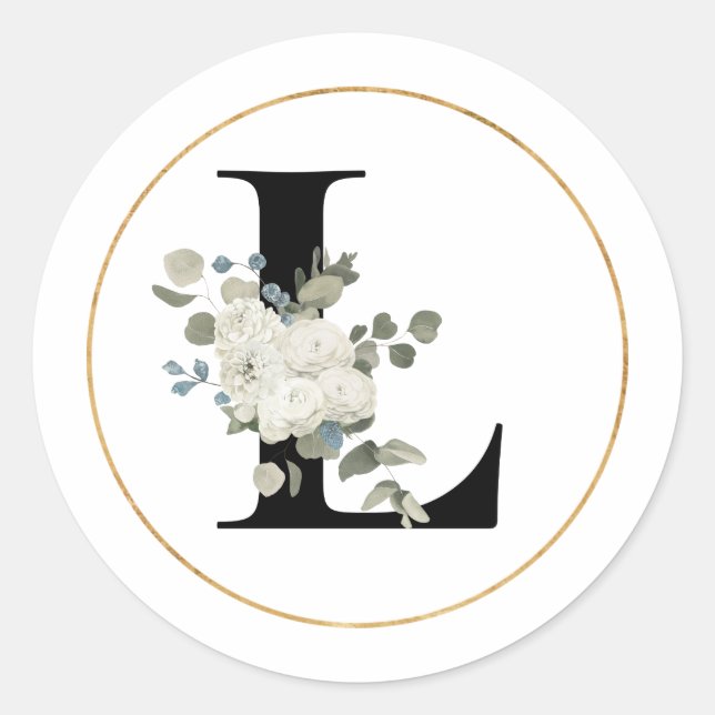 Elegant White Floral Monogram Letter L on White   Classic Round Sticker (Front)