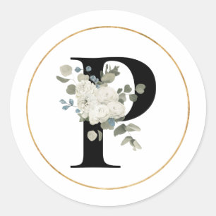 Elegant White Floral Monogram Letter P on White  Classic Round Sticker