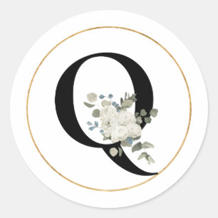Elegant White Floral Monogram Letter Q on White Classic Round Sticker