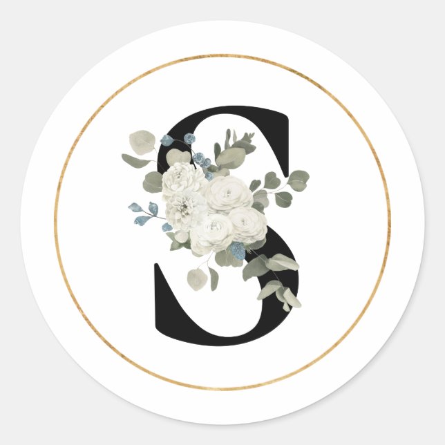 Elegant White Floral Monogram Letter S on White   Classic Round Sticker (Front)