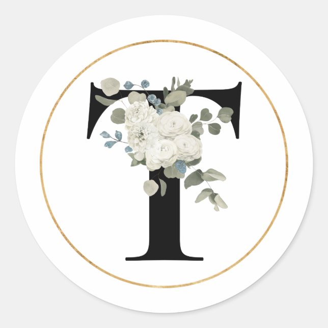 Elegant White Floral Monogram Letter T on White  Classic Round Sticker (Front)