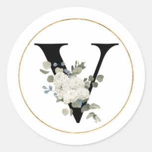Elegant White Floral Monogram Letter V on White Classic Round Sticker
