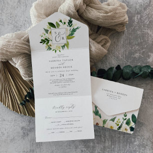 Elegant White Floral Monogram Wedding All In One Invitation