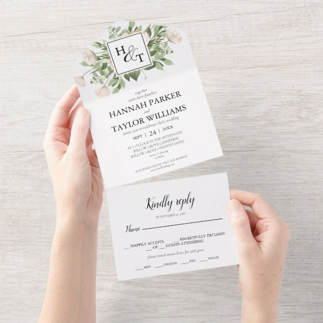 Elegant White Floral Monogram Wedding All In One Invitation (Tearaway)