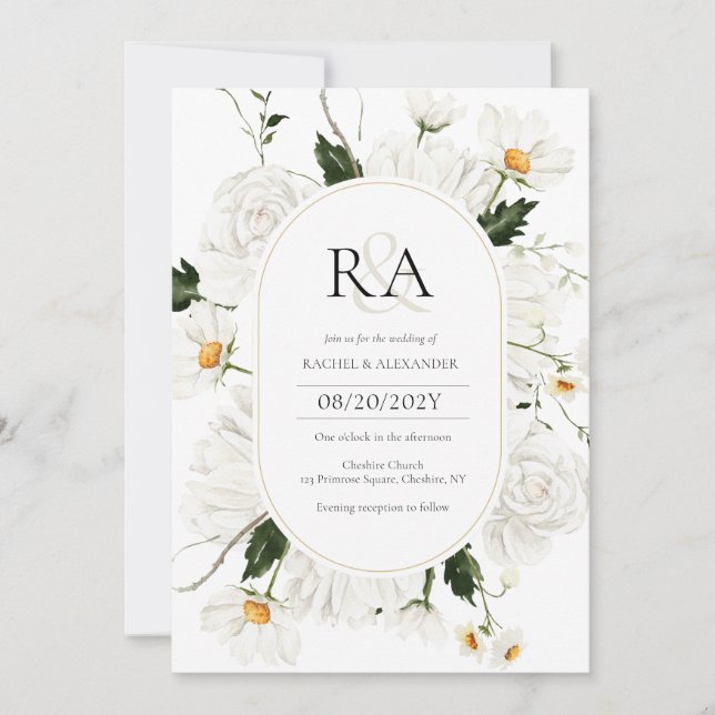 Elegant White Floral Monogram Wedding Invitation (Front)