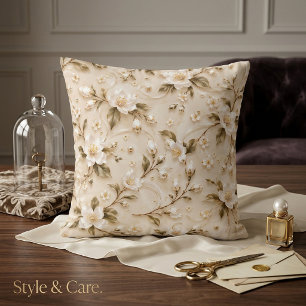 Elegant White Floral Olive Gold Botanical Pattern Cushion