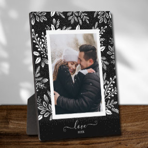 Elegant White Floral on Black Easel-Back Photo Plaque