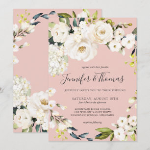 Elegant White Floral on Blush Pink Wedding Invitation