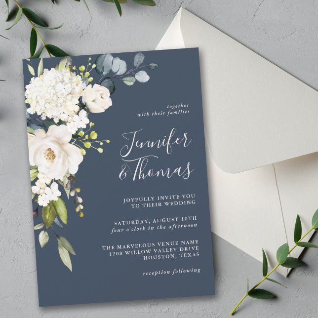 Elegant White Floral on Navy Blue Wedding Invitation (Creator Uploaded)