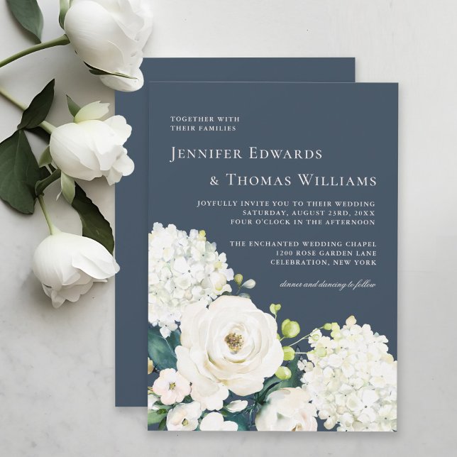 Elegant White Floral on Navy Blue Wedding Invitation (Creator Uploaded)